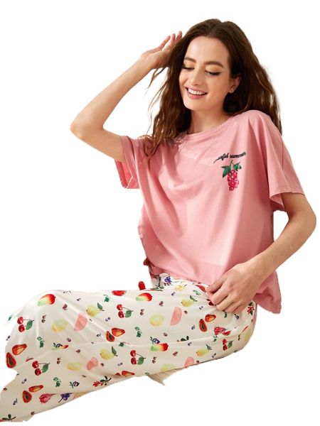 

fruit & letter graphic batwing sleeve & pants pj set 95ks#, Black;red