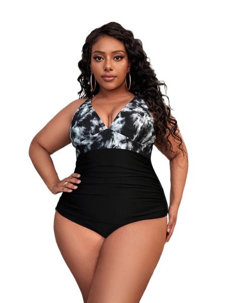 

plus tie dye ruched criss cross one piece swimsuit z6ta#, White;black