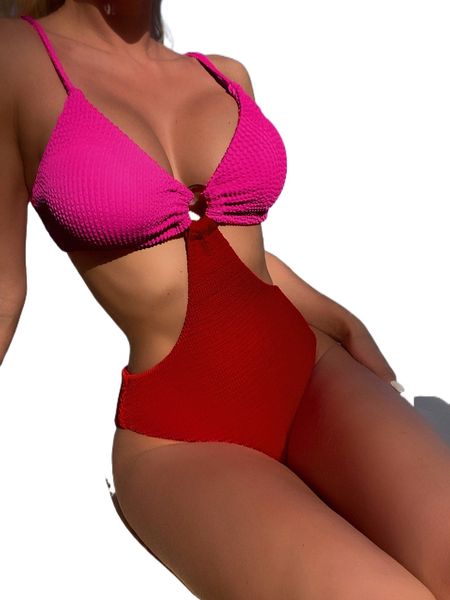 

colorblock ring linked cut out one piece swimsuit r2lc#, White;black