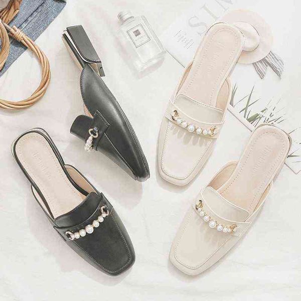 

women slippers net red half slippers women summer fashion wear sandals 2022 new baotou thick heel pearl 220623, Black