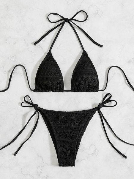 

halter micro triangle tie side bikini swimsuit b4xe#, White;black