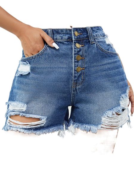 

button fly raw hem ripped denim shorts 11x2#, White;black
