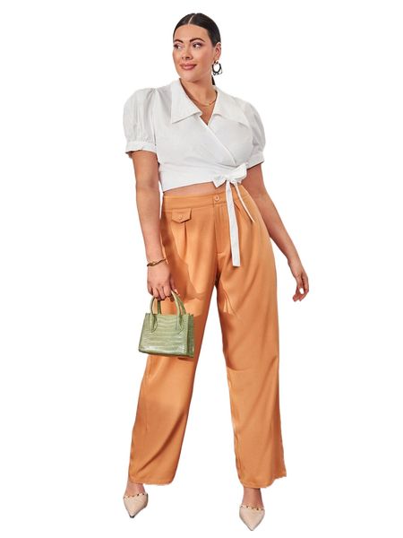 

plus puff sleeve wrap tie front crop blouse z4xo#, Black