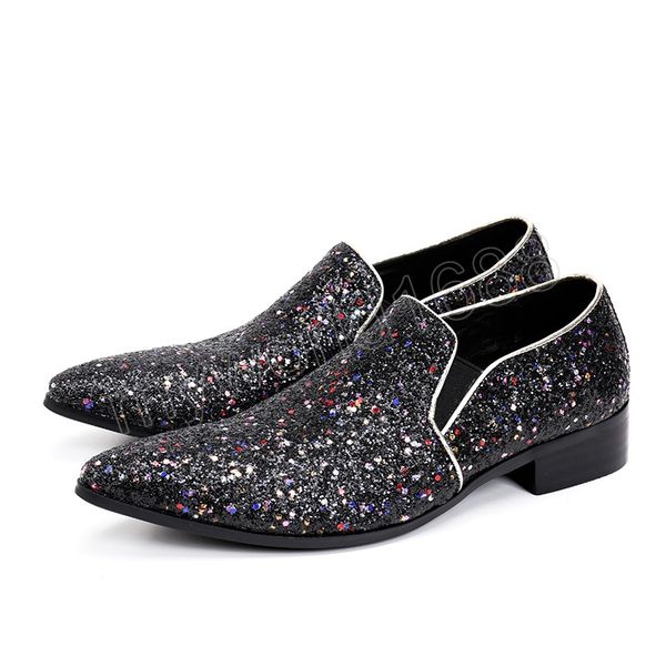 

sparkling sequins pointed toe mens loafers plus size men flat leather shoes banquet party men dress shoes, Black