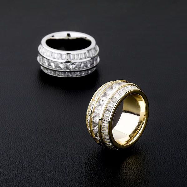

ice out gold three baguette rings with size stones for men cubic zircon fashion rock street ring hip hop jewelry, Silver