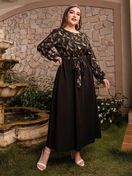 

plus graphic print belted dress g1oc#, Black