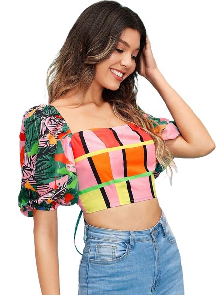 

x shaquita garcia plaid & tropical print square neck puff sleeve lace up crop blouse e5lk#, White