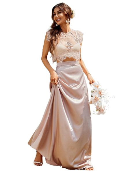 

contrast lace button back blouse & satin skirt r2am#, White