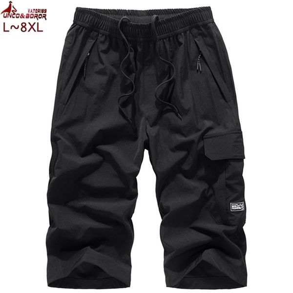 

plus size 7xl 8xl mens knee lenght cargo shorts casual elastic waist fitness bermudas male breathable beach surfings men 220722, White;black
