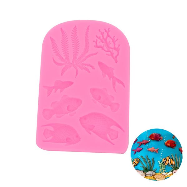 Stampo per torta di pesce Fondente Silicone Cioccolato Argilla Colla a goccia Serie Vento oceanico Stampi per sapone a forma di corallo 1222374