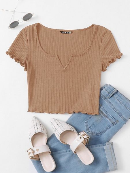 

notch neck lettuce edge tee t5d4#, White