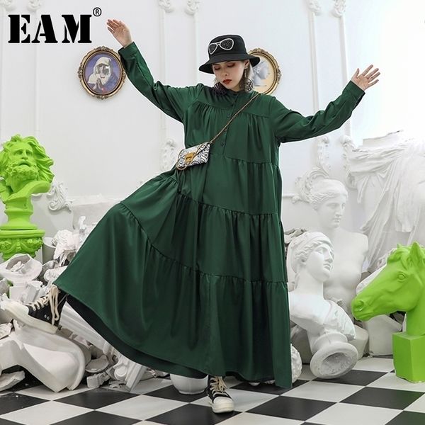 

eam women pleated spliced big hem button dress stand neck long sleeve loose fit fashion spring autumn 1a423 y200805, Black;pink