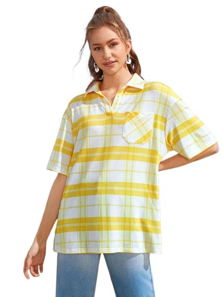 

plaid print polo neck drop shoulder tee e52o#, White