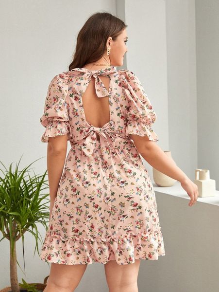 

plus allover floral print shirred puff sleeve ruffle hem dress w7ty#, Black