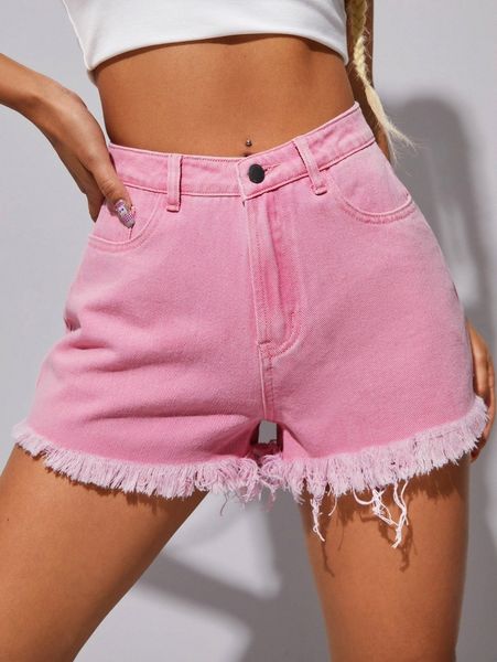 

zipper fly raw hem denim shorts 76wj#, White;black