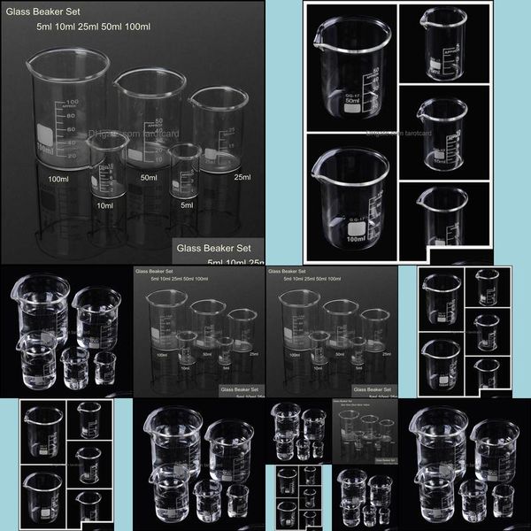 5 pezzi / set bicchiere di vetro 5/10/25/50 / 100 ml tazza di misurazione da laboratorio vetreria per studio scolastico laboratorio set goccia consegna 2021 strumenti cucina cucina