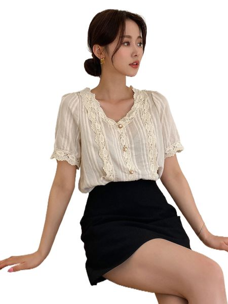 

dazy guipure lace panel puff sleeve blouse i7xv#, White