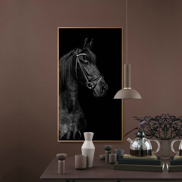 Testa di cavallo nera Animali Pittura su tela Poster e stampe Immagine scandinava di arte della parete per soggiorno Cuadros Home Decor