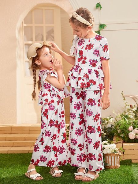 

girls 1pc floral print layered hem & 1pc pants she, White