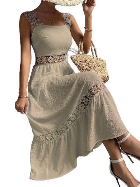 

guipure lace insert ruffle hem dress b8jl#, Black;gray