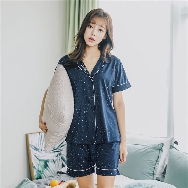 

stars printing shorts pajamas set for summer ladies simple cotton shortsleeved shorts girl home clothes womens pajama set t200429, Black;red