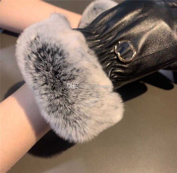 

luxury rabbit fur leather gloves autumn winter mittens with velvet inside women touch screen glove double letter metal symbol mitten, Blue;gray