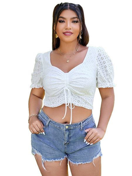 

plus puff sleeve drawstring crop schiffy tee z7rv#, Black