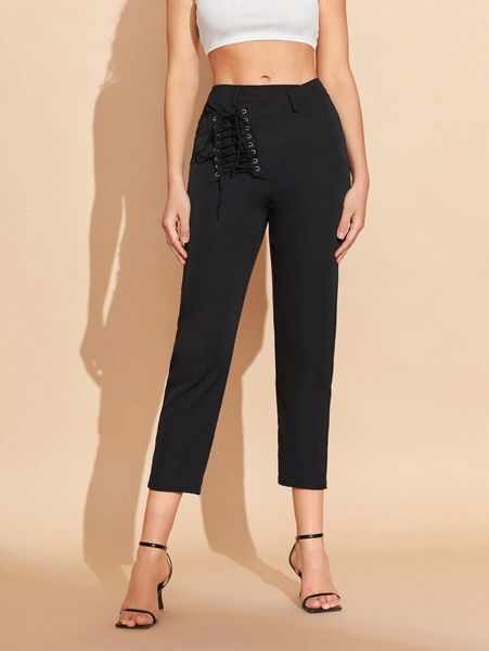 

x raven moxon asymmetrical waist grommet lace up front pants b44m#, Black;white