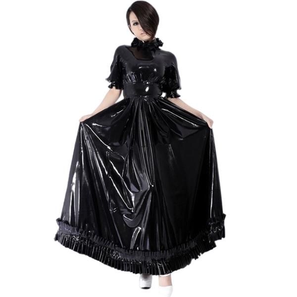 Casual Dresses Herren Sissy PVC Leder Frauen Kurze Puffärmel A-Linie Langes Kleid Sexy WetLook Vestidos Exotic Slim PU Club WearCasual