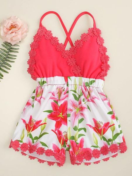 

toddler girls floral print lace trimed criss cross romper she, Blue