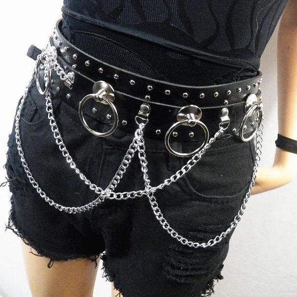 Cintos sexy punk couro de couro largo correia gótica chicote de rocha bondage cient metal metal grande anel de o-ring biéis de acessórios