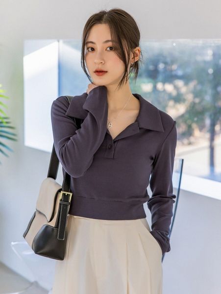 

dazy-less polo neck rib knit crop tee q3ug#, White