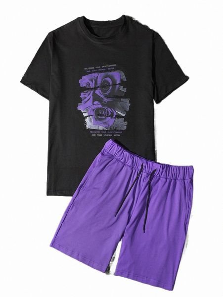 

men rose & slogan graphic tee & drawstring waist shorts r6sj#, Gray