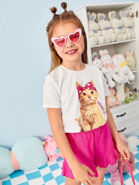 

girls slogan & cat print she, White