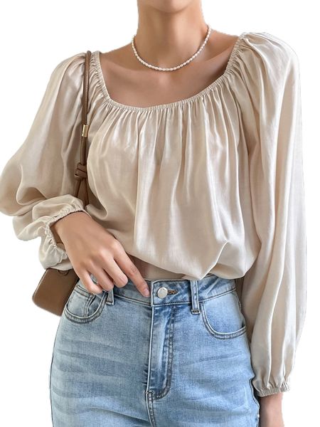 

dazy scoop neck lantern sleeve blouse i7sa#, White