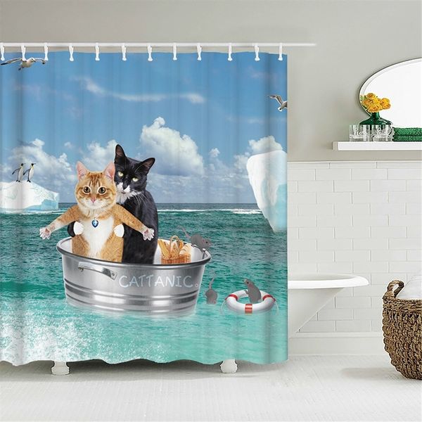 Süßer Katzen-Duschvorhang aus Stoff mit Haken, lustig, wasserdicht, Chat 220429