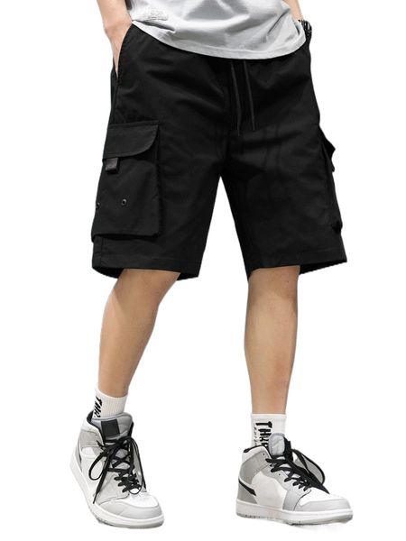 

men grommet detail flap pocket side drawstring waist shorts p97q#, White;black