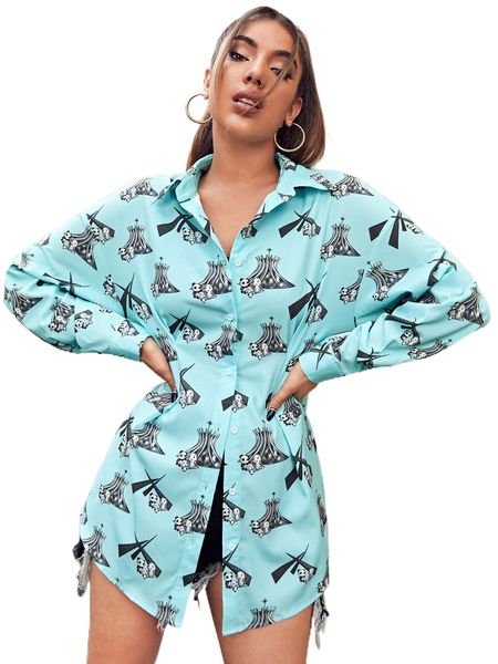 

x dino & panda art single breasted allover cartoon graphic blouse t6qd#, White