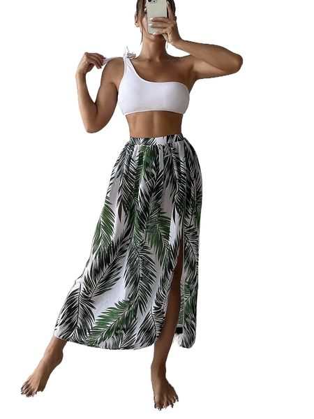 

3pack plant print one shoulder bikini swimsuit & beach skirt v69s#, White;black