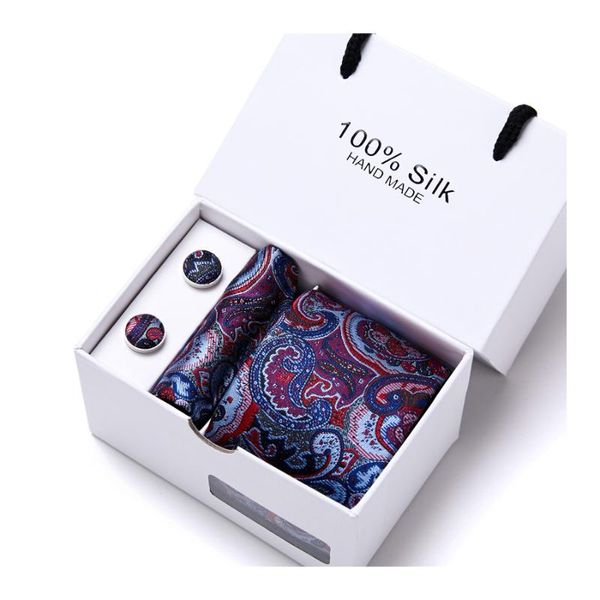 BOW TIES SALE Factory Silk Birthday Gift 7.5 cm Tie Hanky ​​Cufflink Conjunto de gravata Caixa de gravata Hombre geométrico Roupas formais Purplebow