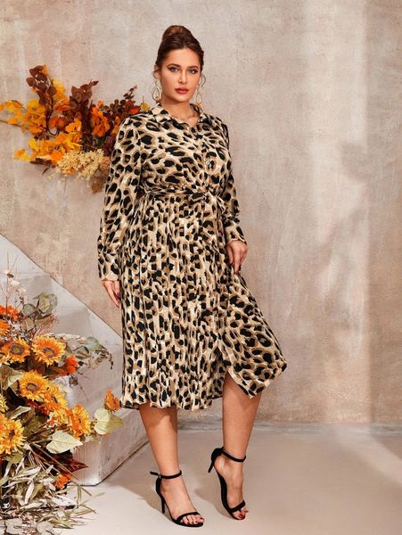 

plus leopard print pleated belted shirt dress n1d6#, Black