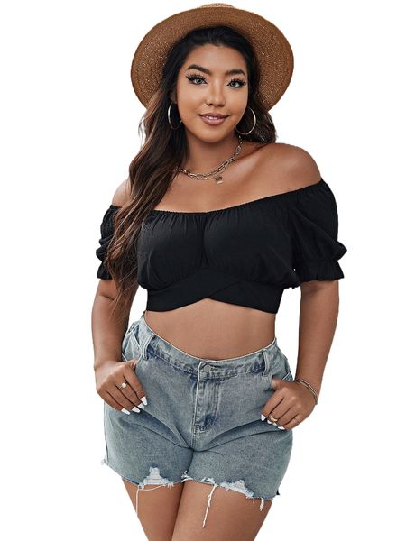 

plus off shoulder puff sleeve tie back crop blouse 46cq#, Black