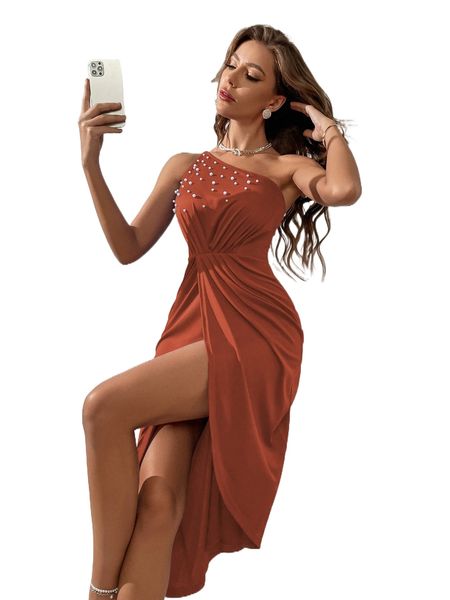 

pearls beaded one shoulder wrap hem dress x7gf#, Black;gray