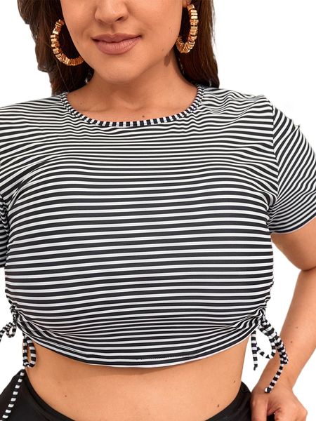 

plus striped tie side tankini a2fw#, White;black