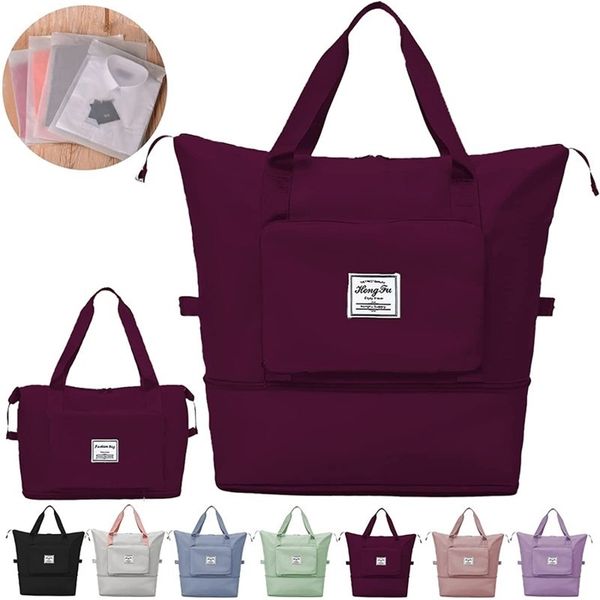 

large capacity folding travel portable lightweight waterproof ox duffel fabric dry wet separation shoulder bag 220627
