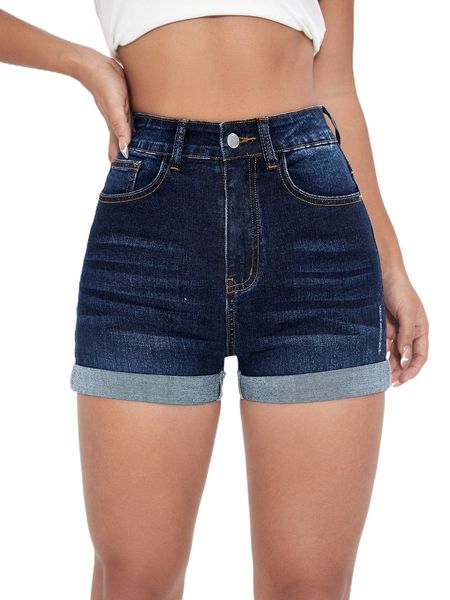 

high waist roll hem denim shorts 3546#, White;black