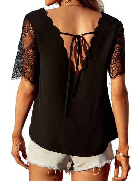 

contrast lace tie back scallop trim blouse c42x#, White