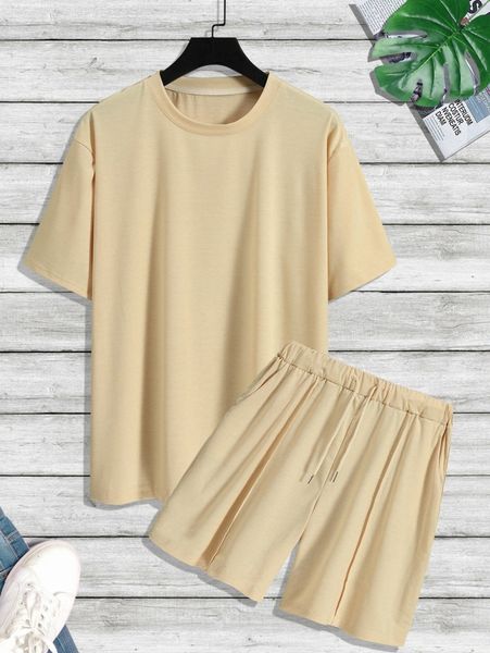 

extended sizes men solid tee & slant pocket drawstring waist shorts t1ai#, Gray