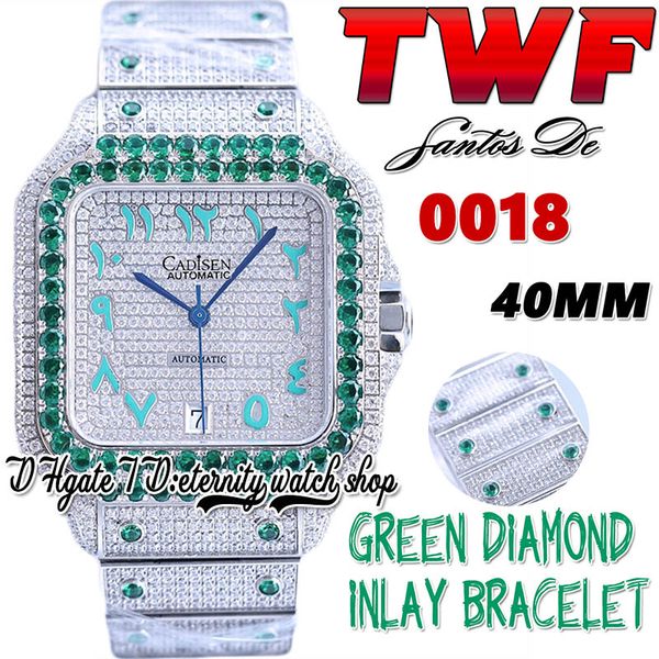 

twf tw0009 japan miyota automatic mens watch 40mm green big diamonds bezel fully iced out diamond dial arabic markers steel bracelet super e, Slivery;brown
