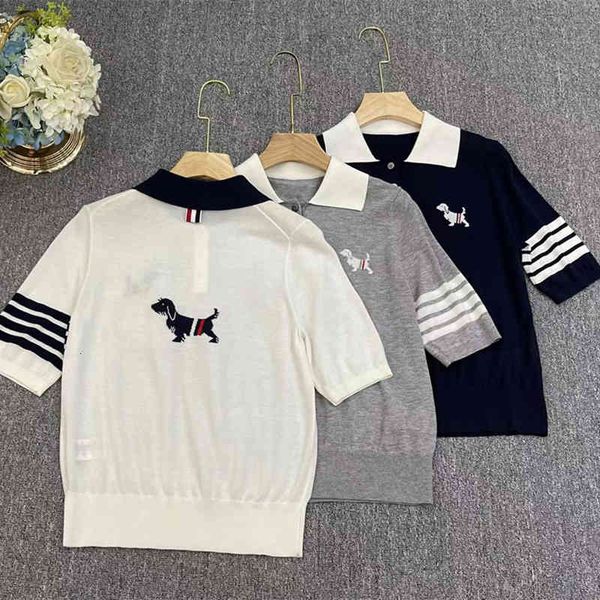 

women's knits tees simple and comfortable wool tencel blended dog jacquard polo collar four bars light skin close breathable short slee, White